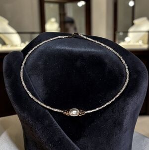 Hand Crafted White Glass Beaded Necklace with Golden Accents With A Pearl